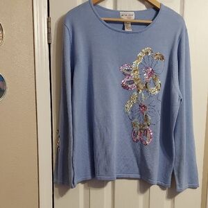 Victor Costa Blue Sequin Floral Sweater